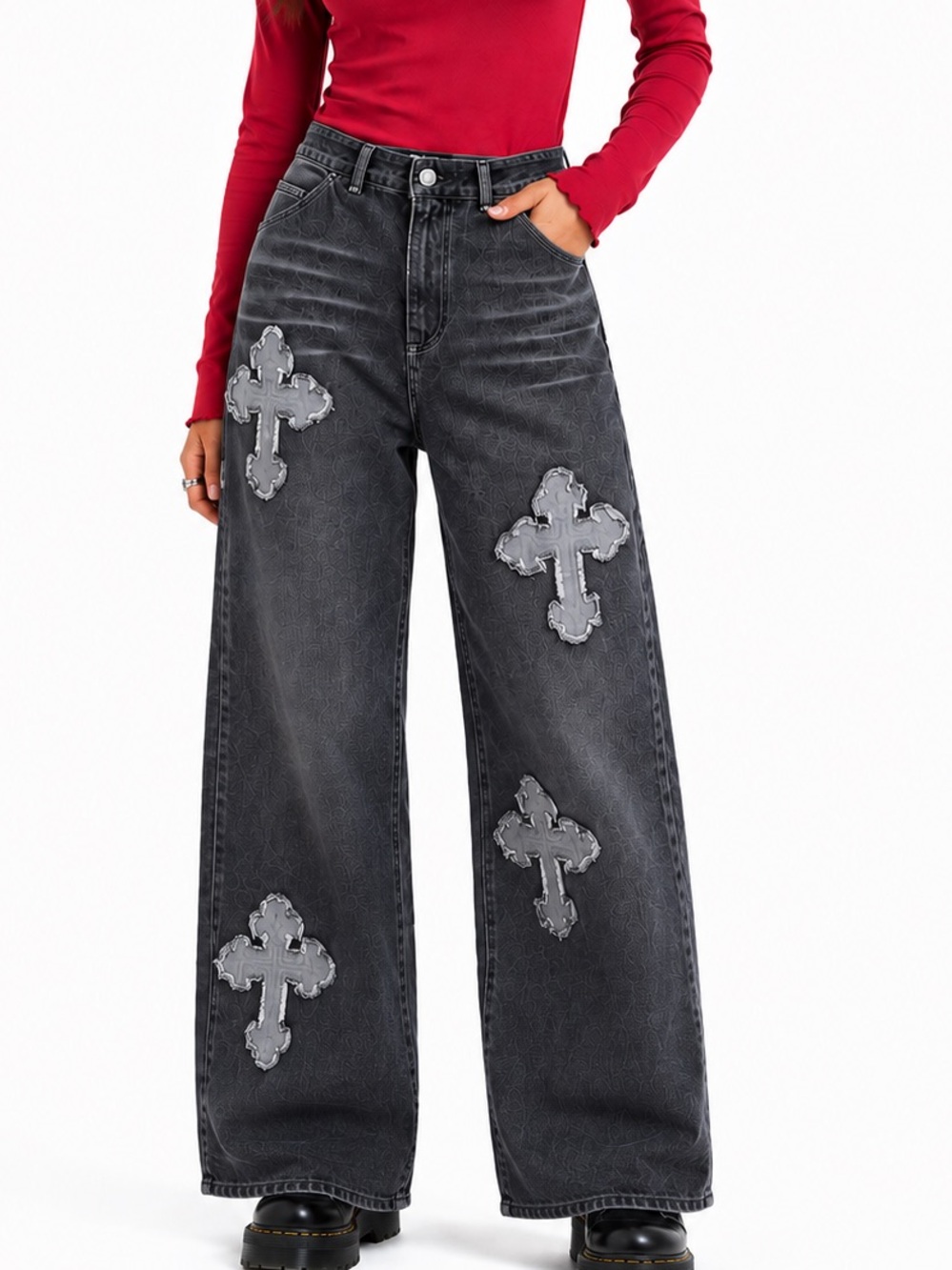 Minga London Cross Appliqué Washed Black Wide Leg Jeans 26